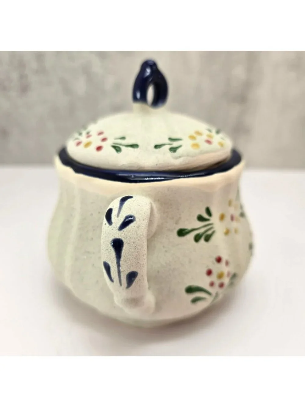 Vintage Floral Ceramic Sugar Bowl With Lid Two Handles Painted Dots CM2351
